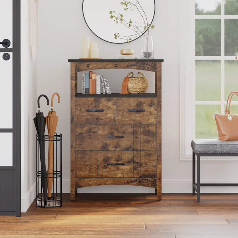 Bestier Living Room Storage Cabinet with 2 Shelves and 4 Drawers, Dark Brown - 68