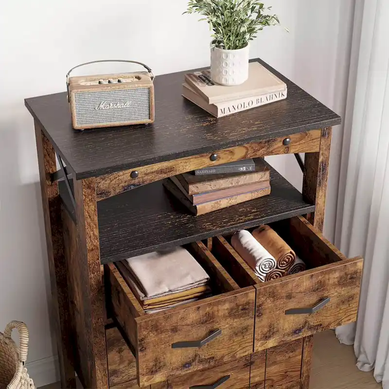 Bestier Living Room Storage Cabinet with 2 Shelves and 4 Drawers, Dark Brown - 68