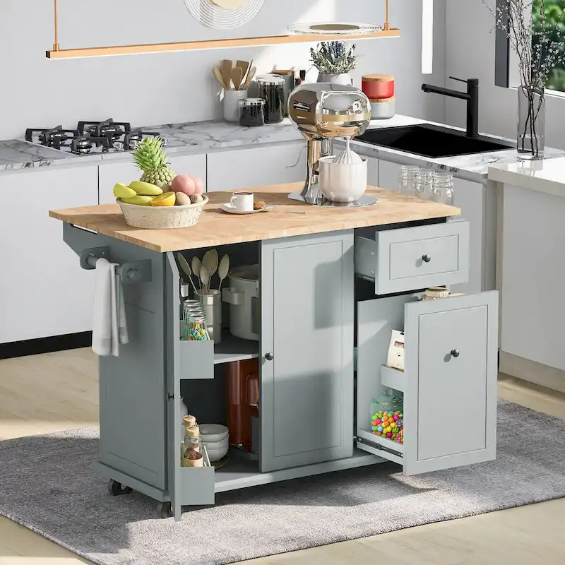 Kitchen Island with Drop Leaf, 53.9 Width Rolling Kitchen Cart on Wheels with Internal Storage Rack