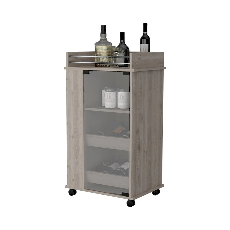 Willow Park Glass Door Bar Cart with Bottle Holder and Casters Light Gray