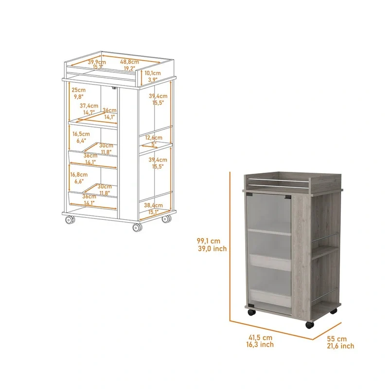 Willow Park Glass Door Bar Cart with Bottle Holder and Casters Light Gray