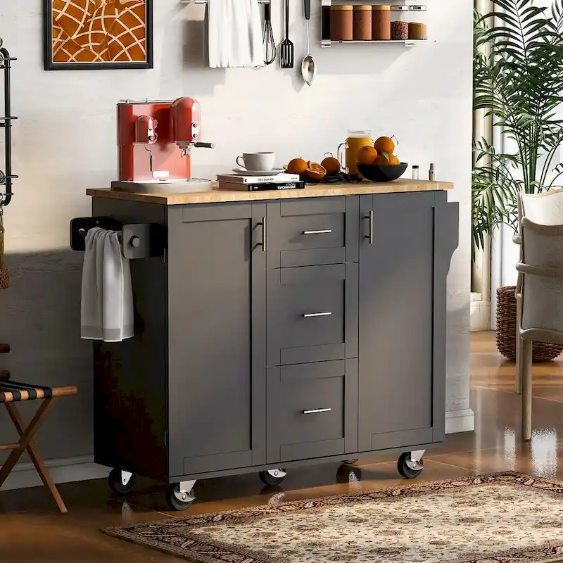 50 in. W Kitchen Island with 3 Drawer, 2 Slide-Out Shelf and Internal Storage Rack