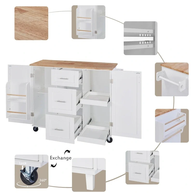 50 in. W Kitchen Island with 3 Drawer, 2 Slide-Out Shelf and Internal Storage Rack