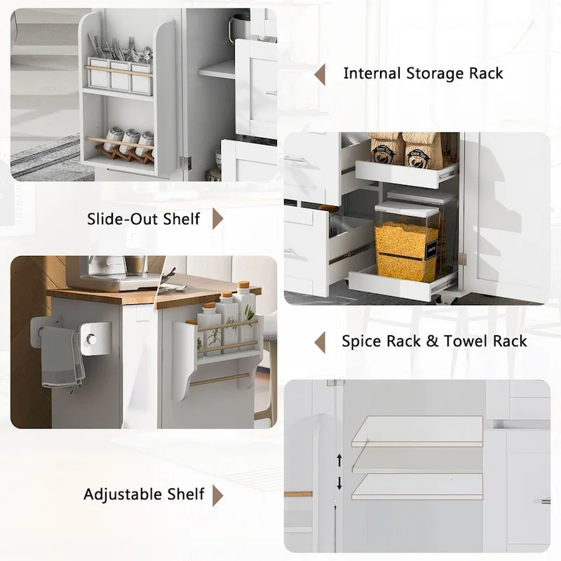 50 in. W Kitchen Island with 3 Drawer, 2 Slide-Out Shelf and Internal Storage Rack