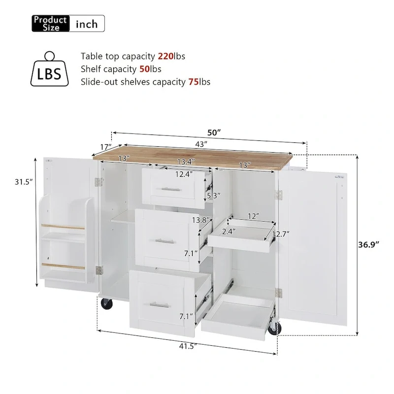 50 in. W Kitchen Island with 3 Drawer, 2 Slide-Out Shelf and Internal Storage Rack