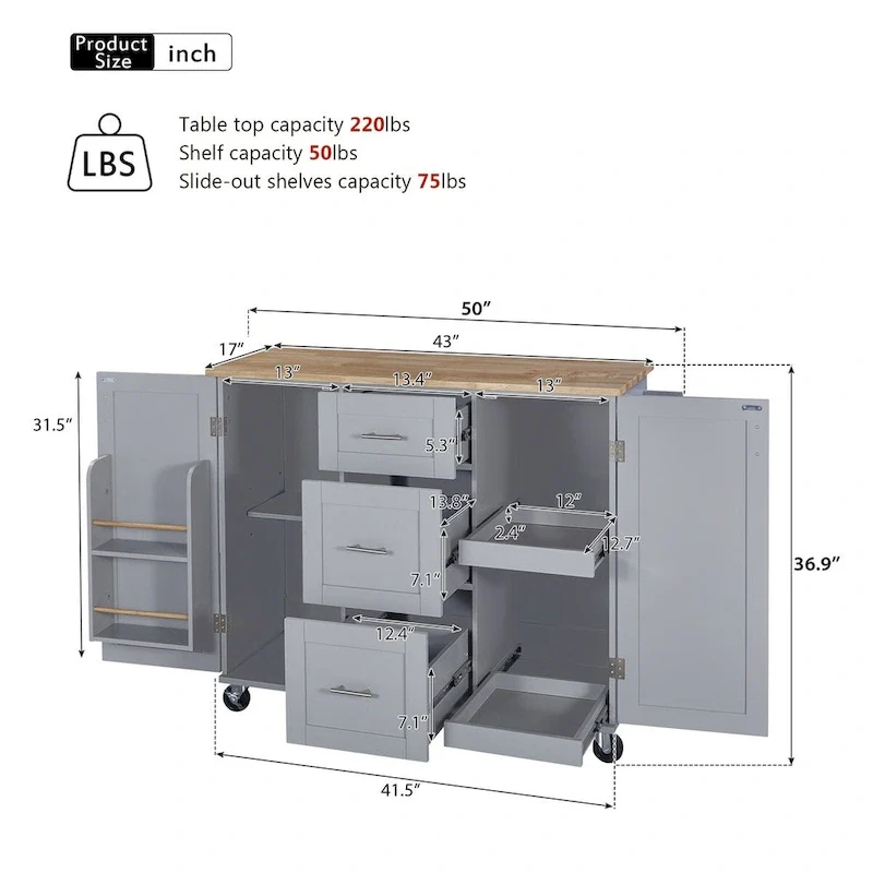 50 in. W Kitchen Island with 3 Drawer, 2 Slide-Out Shelf and Internal Storage Rack