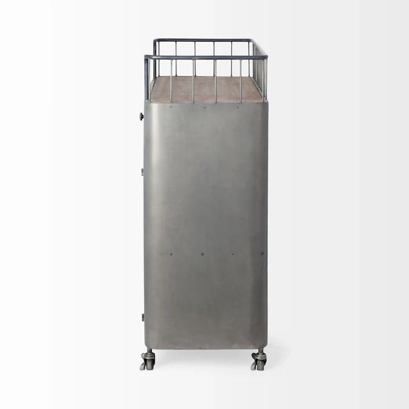 Udo Gray Metal & Brown Wood Top Bar Cart - 16.5L x 35.4W x 40.7H