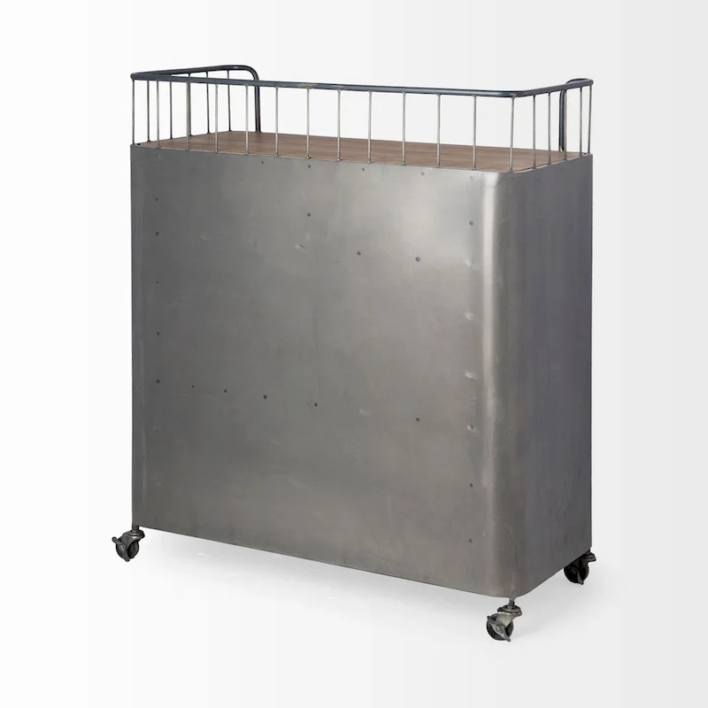 Udo Gray Metal & Brown Wood Top Bar Cart - 16.5L x 35.4W x 40.7H