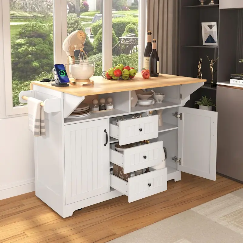 55.7 Kitchen Island with Drop Leaves, Rolling Cart with Power Outlet, Spice Rack, and 3 Drawers