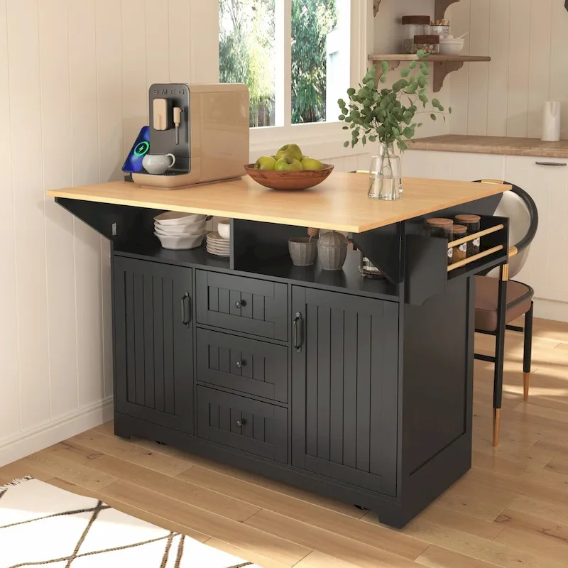 55.7 Kitchen Island with Drop Leaves, Rolling Cart with Power Outlet, Spice Rack, and 3 Drawers