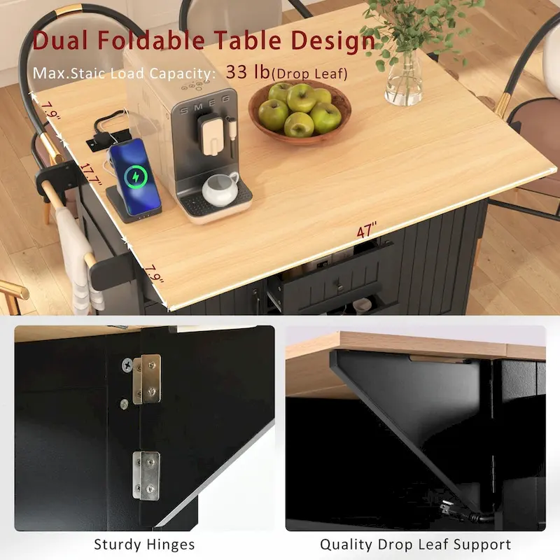 55.7 Kitchen Island with Drop Leaves, Rolling Cart with Power Outlet, Spice Rack, and 3 Drawers