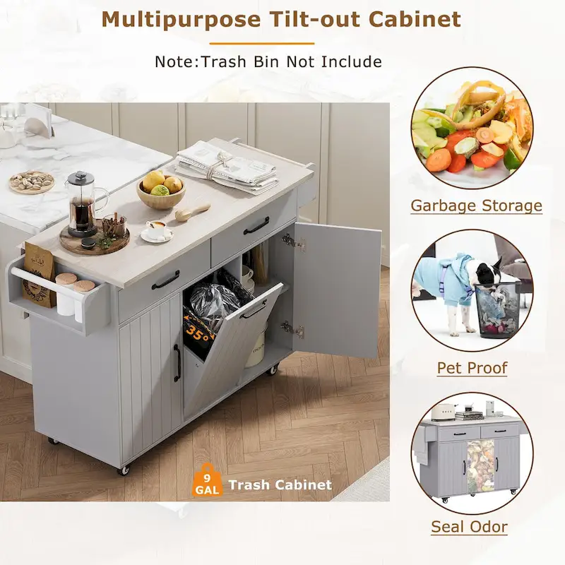 Kitchen Island With Trash Can Storage Cabinet(no include stool)