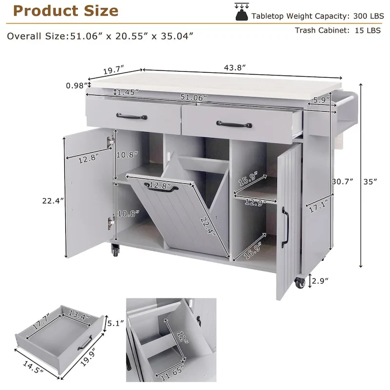Kitchen Island With Trash Can Storage Cabinet(no include stool)