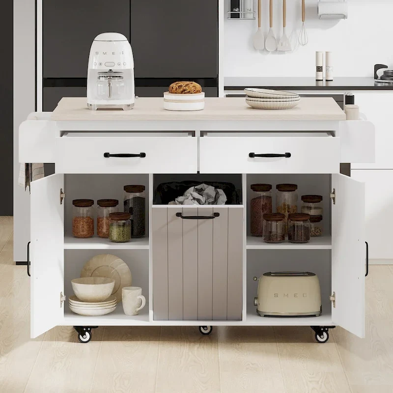 Kitchen Island with Trash Can Storage Cabinet, Drop-Leaf Cart, Spice&Towel Rack, Rolling Cart On Wheels with Adjustable Shelf