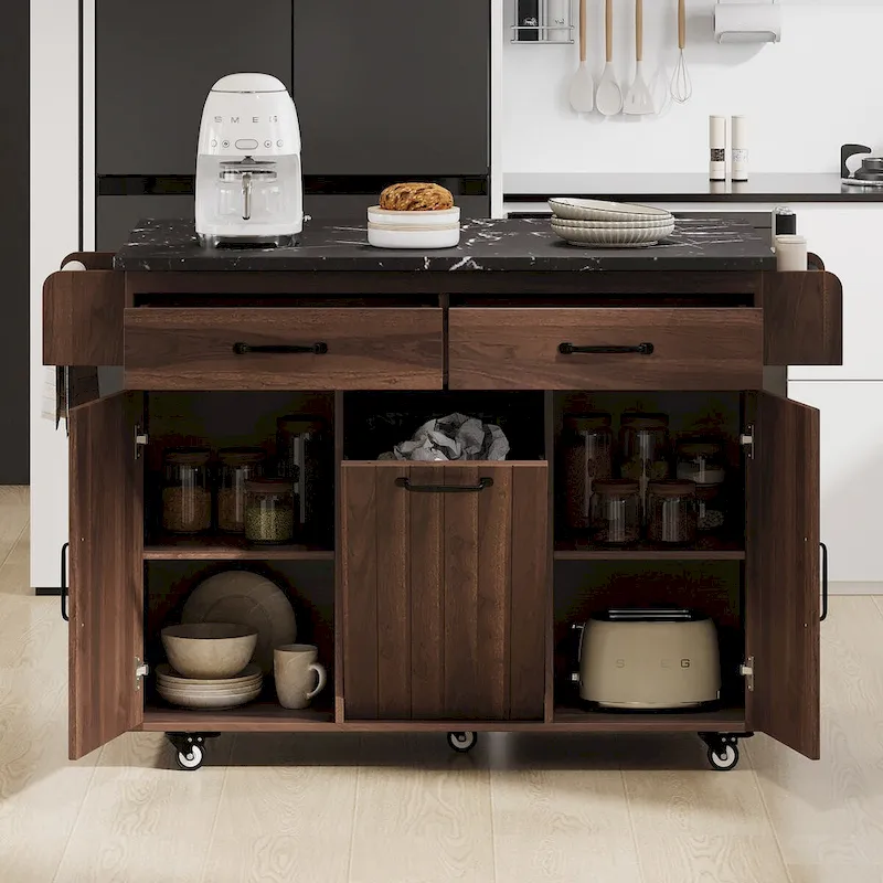 Kitchen Island with Trash Can Storage Cabinet, Drop-Leaf Cart, Spice&Towel Rack, Rolling Cart On Wheels with Adjustable Shelf
