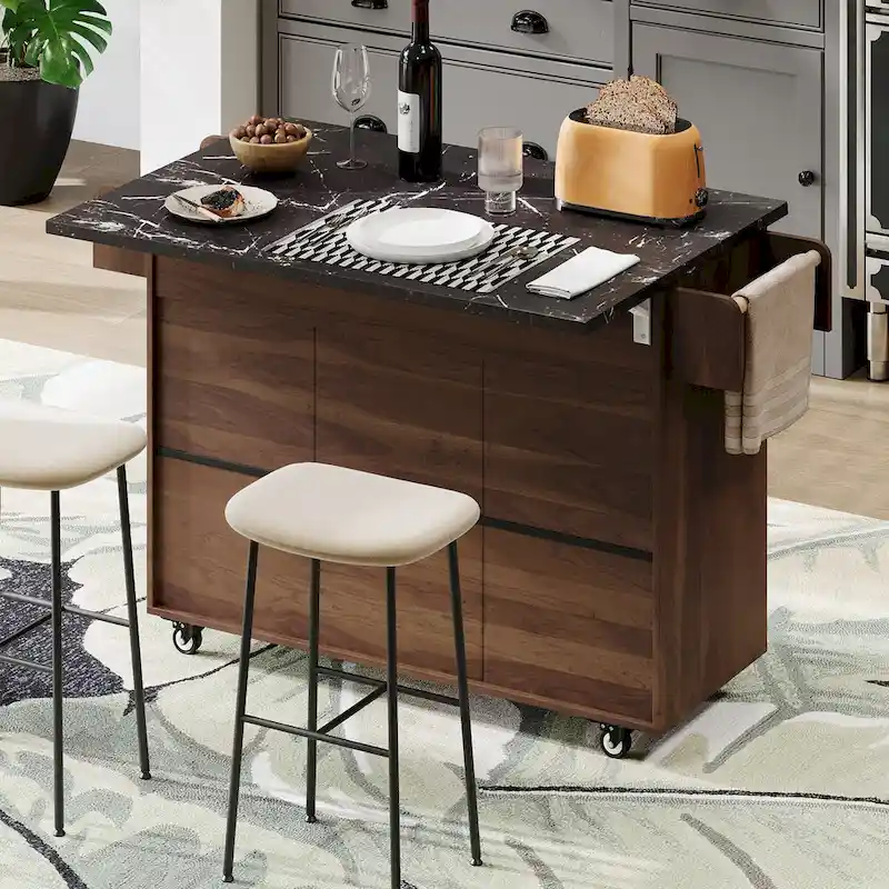 Kitchen Island with Trash Can Storage Cabinet, Drop-Leaf Cart, Spice&Towel Rack, Rolling Cart On Wheels with Adjustable Shelf