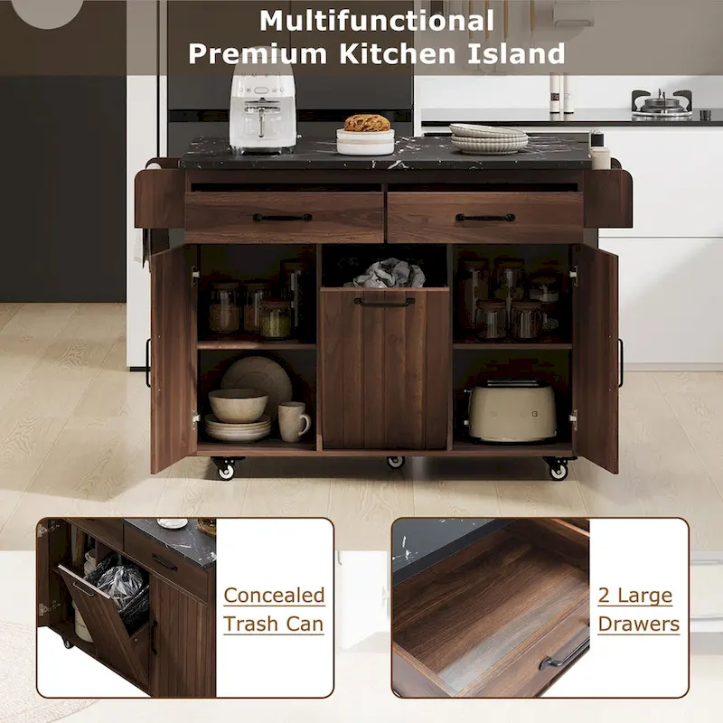 Kitchen Island with Trash Can Storage Cabinet, Drop-Leaf Cart, Spice&Towel Rack, Rolling Cart On Wheels with Adjustable Shelf