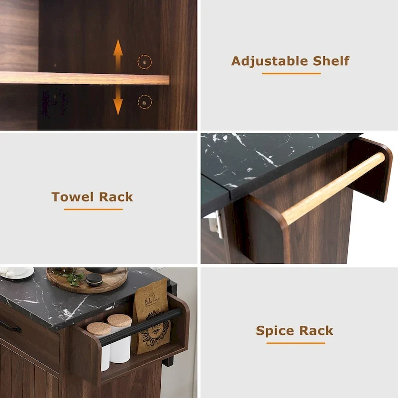 Kitchen Island with Trash Can Storage Cabinet, Drop-Leaf Cart, Spice&Towel Rack, Rolling Cart On Wheels with Adjustable Shelf