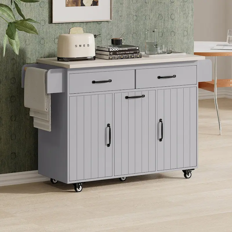 Kitchen Island with Trash Can Storage Cabinet, Drop-Leaf Cart, Spice&Towel Rack, Rolling Cart On Wheels with Adjustable Shelf