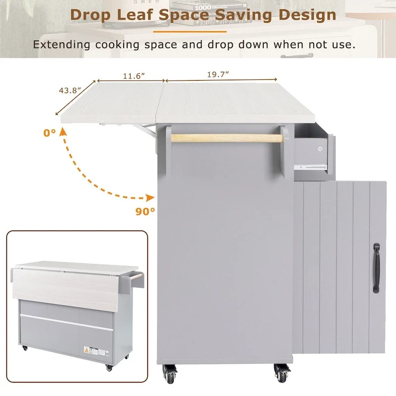 Kitchen Island with Trash Can Storage Cabinet, Drop-Leaf Cart, Spice&Towel Rack, Rolling Cart On Wheels with Adjustable Shelf