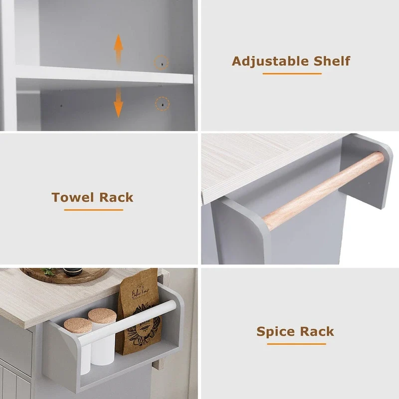Kitchen Island with Trash Can Storage Cabinet, Drop-Leaf Cart, Spice&Towel Rack, Rolling Cart On Wheels with Adjustable Shelf