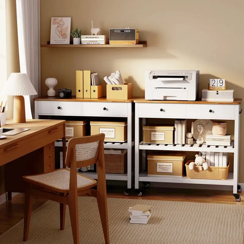 Kitchen Island Cart, Rolling Trolley Utility Cart on Wheels with 2 Drawers and 2 Open Tiers Storage Shelves