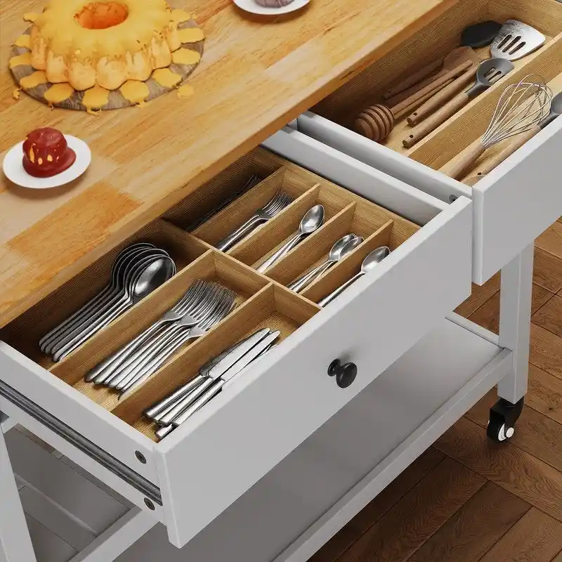 Kitchen Island Cart, Rolling Trolley Utility Cart on Wheels with 2 Drawers and 2 Open Tiers Storage Shelves