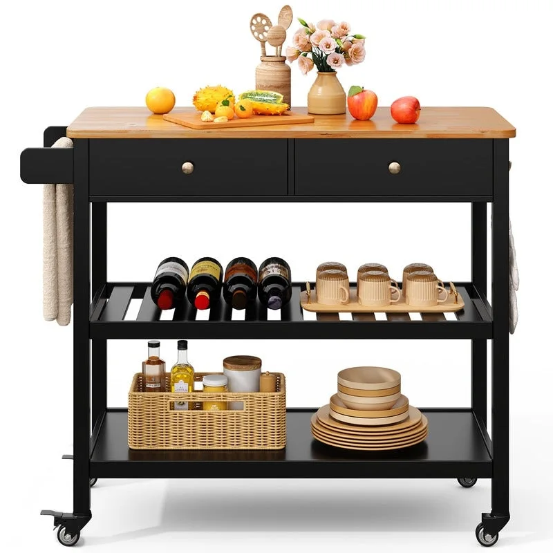 Kitchen Island Cart, Rolling Trolley Utility Cart on Wheels with 2 Drawers and 2 Open Tiers Storage Shelves