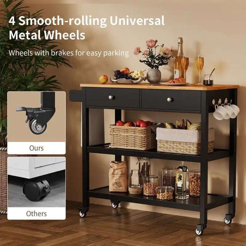 Kitchen Island Cart, Rolling Trolley Utility Cart on Wheels with 2 Drawers and 2 Open Tiers Storage Shelves