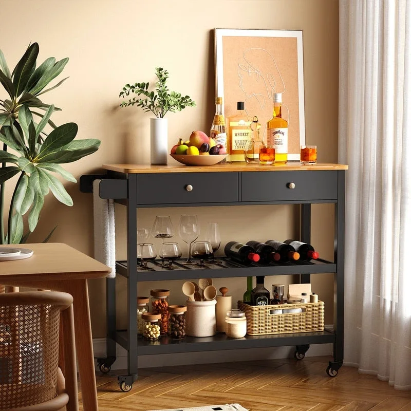 Kitchen Island Cart, Rolling Trolley Utility Cart on Wheels with 2 Drawers and 2 Open Tiers Storage Shelves