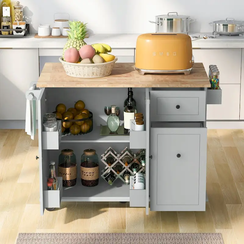 Rolling Kitchen Cart with Drop Leaf, Storage Rack, and 3-Tier Cabinet Organizer