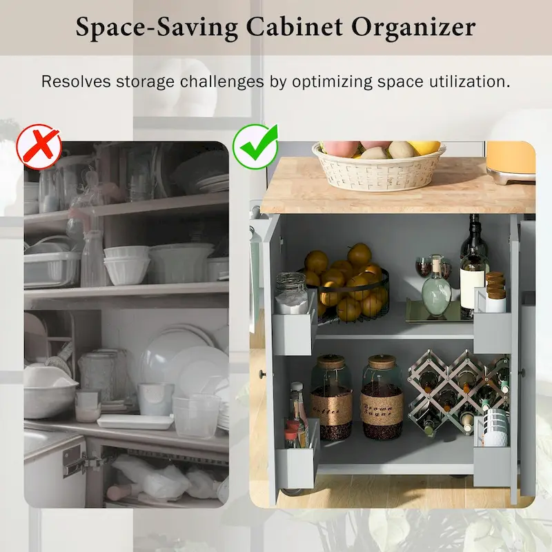 Rolling Kitchen Cart with Drop Leaf, Storage Rack, and 3-Tier Cabinet Organizer