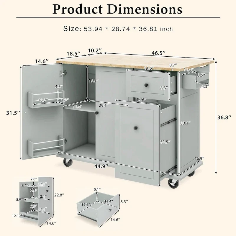 Rolling Kitchen Cart with Drop Leaf, Storage Rack, and 3-Tier Cabinet Organizer