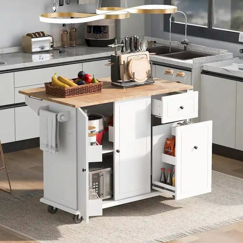 Rolling Kitchen Cart with Drop Leaf, Storage Rack, and 3-Tier Cabinet Organizer