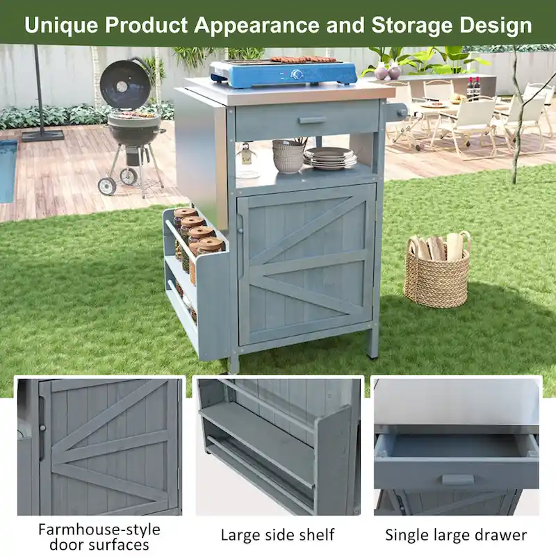 40.5 Outdoor Grill Cart with Stainless Steel Top, Rolling Buffet Serving Cart with Drop Leaf, Patio Kitchen Island Cart