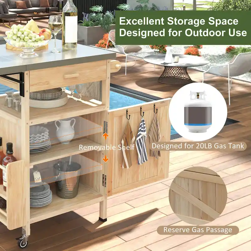 40.5 Outdoor Grill Cart with Stainless Steel Top, Rolling Buffet Serving Cart with Drop Leaf, Patio Kitchen Island Cart