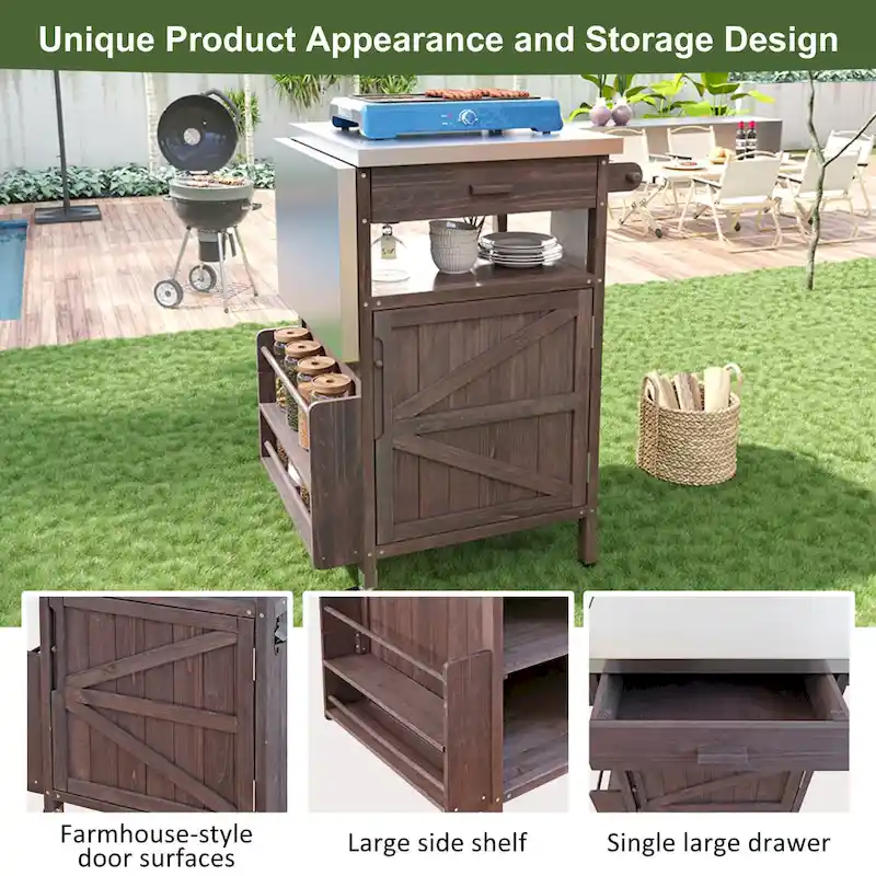 40.5 Outdoor Grill Cart with Stainless Steel Top, Rolling Buffet Serving Cart with Drop Leaf, Patio Kitchen Island Cart