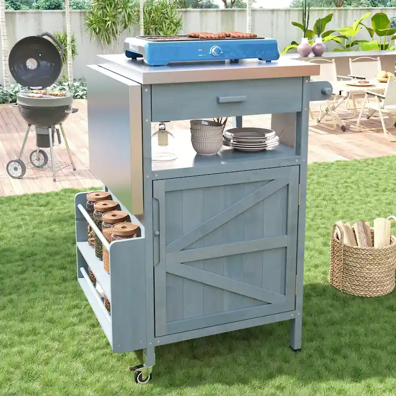 40.5 Outdoor Grill Cart with Stainless Steel Top, Rolling Buffet Serving Cart with Drop Leaf, Patio Kitchen Island Cart