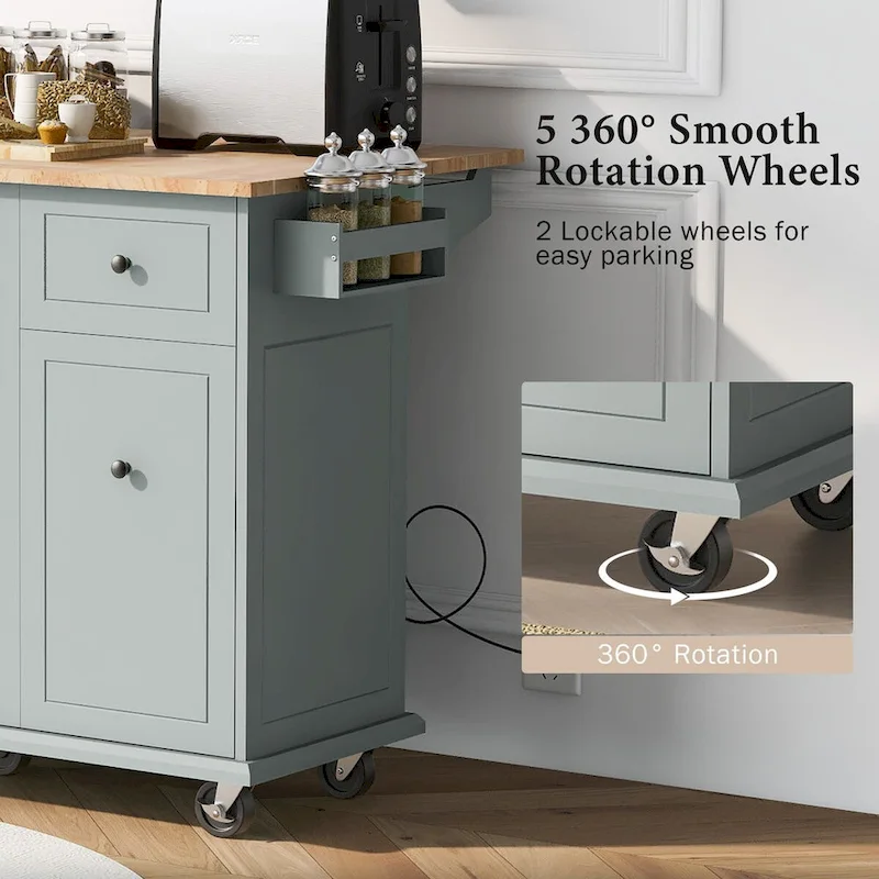 53.9 Width Rolling Kitchen Cart on Wheels with Internal Storage Rack and 3 Tier Pull Out Cabinet Organizer