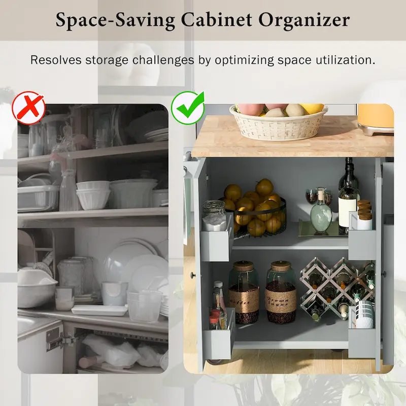 53.9 Width Rolling Kitchen Cart on Wheels with Internal Storage Rack and 3 Tier Pull Out Cabinet Organizer