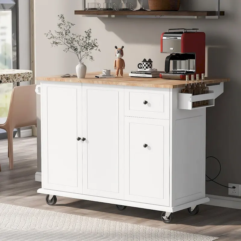 53.9 Width Rolling Kitchen Cart on Wheels with Internal Storage Rack and 3 Tier Pull Out Cabinet Organizer