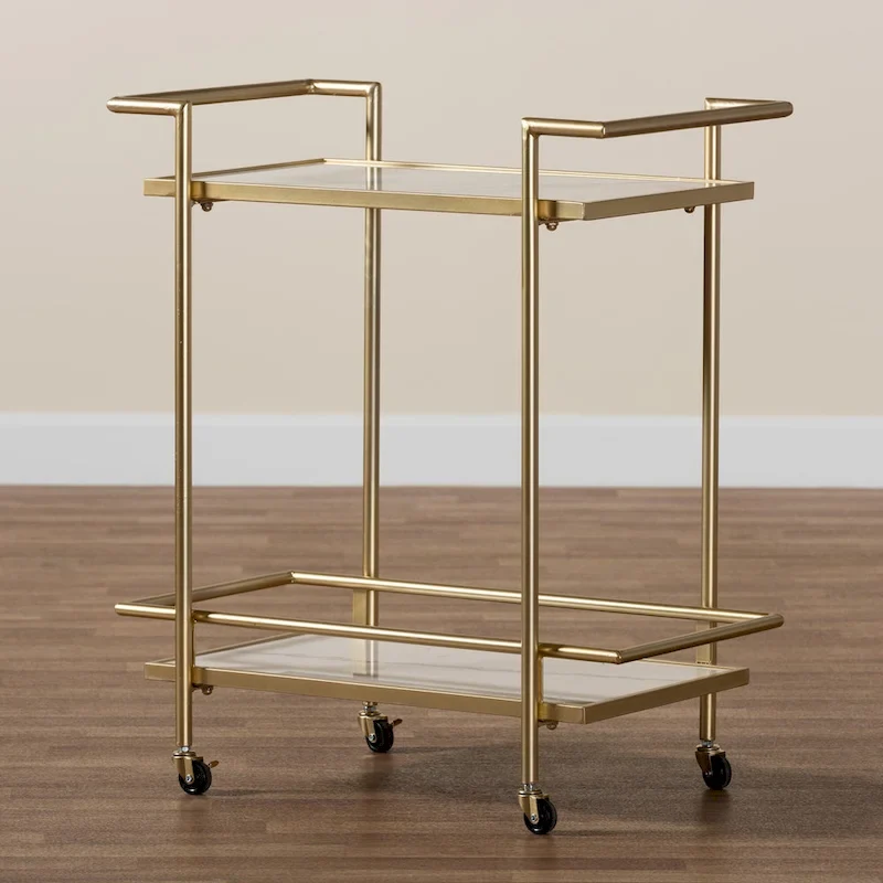 Louise Contemporary Glam and Luxe Gold Metal and White Marble 2-Tier Wine Cart