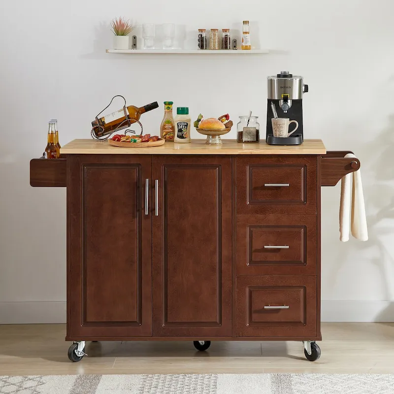 Kitchen Island with Drop Leaf Countertop and Rolling Cart
