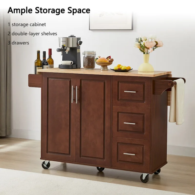 Kitchen Island with Drop Leaf Countertop and Rolling Cart