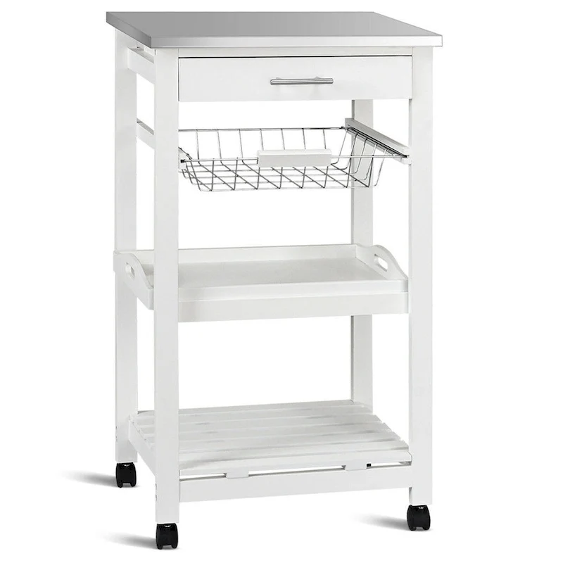 White Kitchen Cart with Storage Drawer and Stainless Steel Top - 18.5 x 14.5 x 33 ( L x W x H )