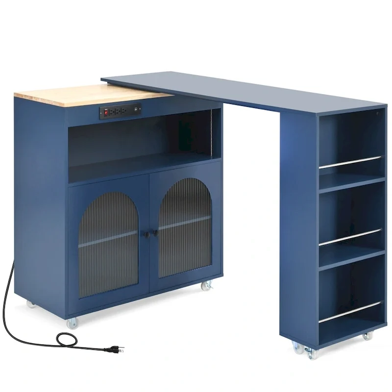 33 in. W Kitchen Island Rubberwood Top on 8 Wheels With Extended Table, LED Lights, Power Outlets