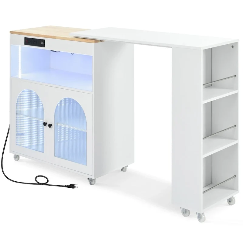 33 in. W Kitchen Island Rubberwood Top on 8 Wheels With Extended Table, LED Lights, Power Outlets
