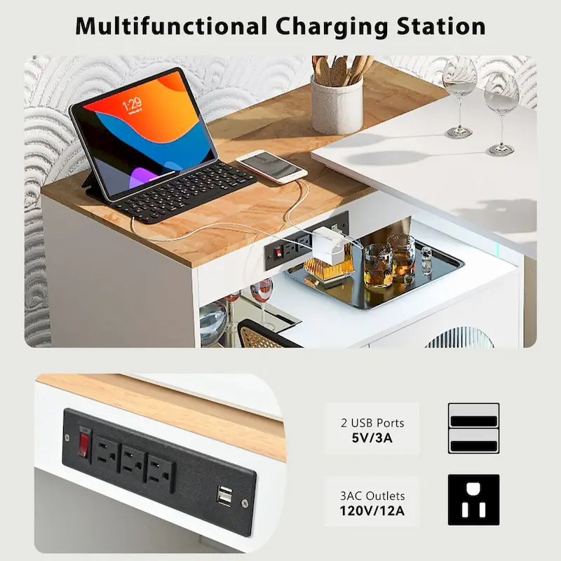 33 in. W Kitchen Island Rubberwood Top on 8 Wheels With Extended Table, LED Lights, Power Outlets