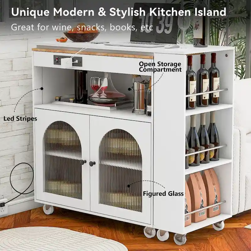 33 in. W Kitchen Island Rubberwood Top on 8 Wheels With Extended Table, LED Lights, Power Outlets