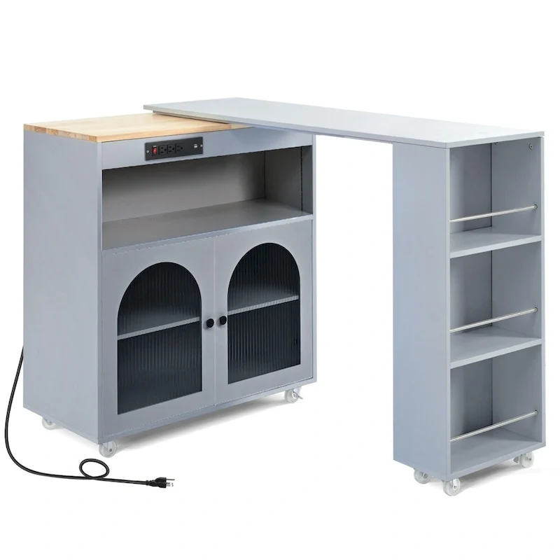 33 in. W Kitchen Island Rubberwood Top on 8 Wheels With Extended Table, LED Lights, Power Outlets
